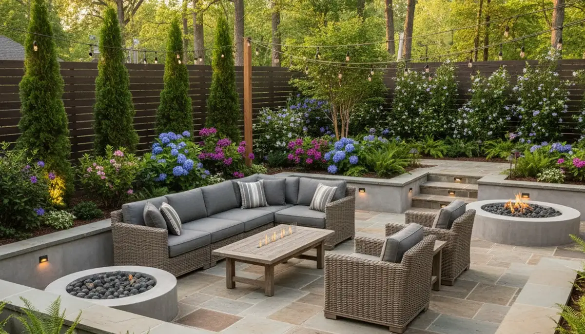 Backyard patio landscaping with lighting and seating in Baton Rouge, LA by Chop Chop Landscaping
