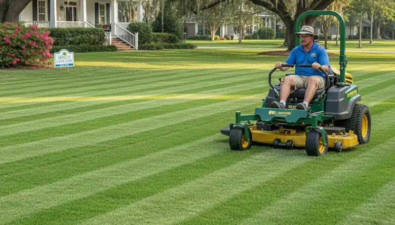 Commercial mower creating precise lawn stripes during professional mowing in Baton Rouge, LA