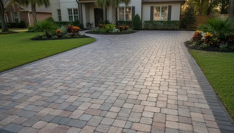 Completed interlocking paver driveway installation by professional landscapers in Baton Rouge, LA