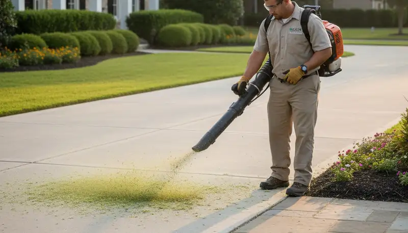 Technician using leaf blower for lawn cleanup during final maintenance in Baton Rouge, LA