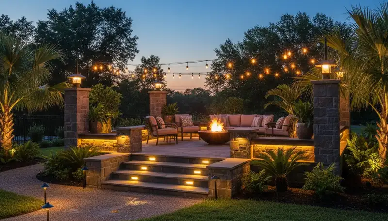 Evening deck and patio lighting with post cap and step lights by Chop Chop Landscaping in Baton Rouge, LA
