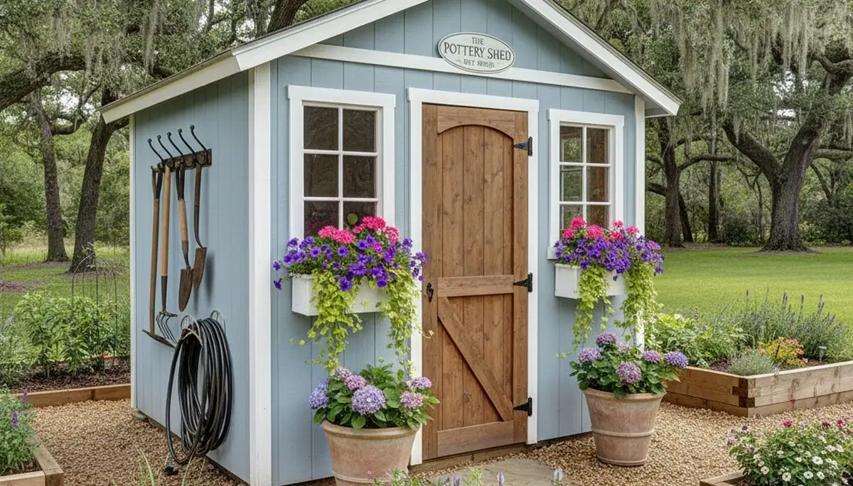 Decorative garden shed with custom landscaping in Baton Rouge, LA by Chop Chop Landscaping