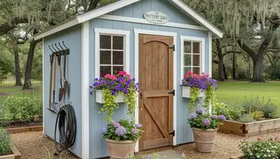 Decorative garden shed with custom landscaping in Baton Rouge, LA by Chop Chop Landscaping