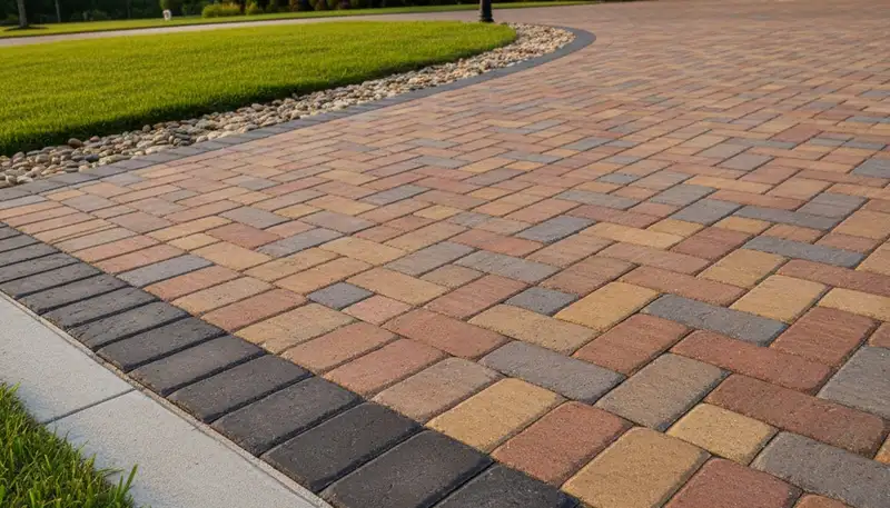 Decorative paver border with soldier course edging on driveway, Baton Rouge LA landscaping design