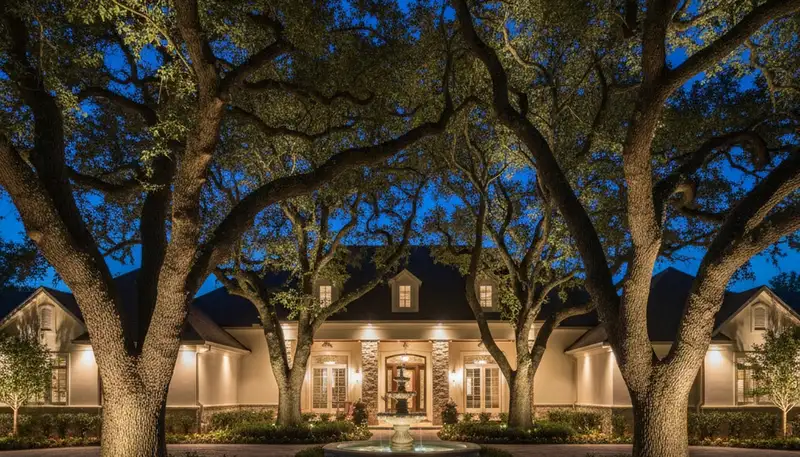 Dramatic tree uplighting design by Baton Rouge landscapers highlighting mature trees with professional lighting
