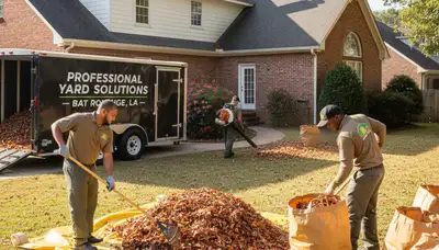 Technicians performing fall leaf removal and yard clean up in Baton Rouge, LA residential lawn