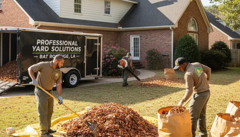 Technicians performing fall leaf removal and yard clean up in Baton Rouge, LA residential lawn