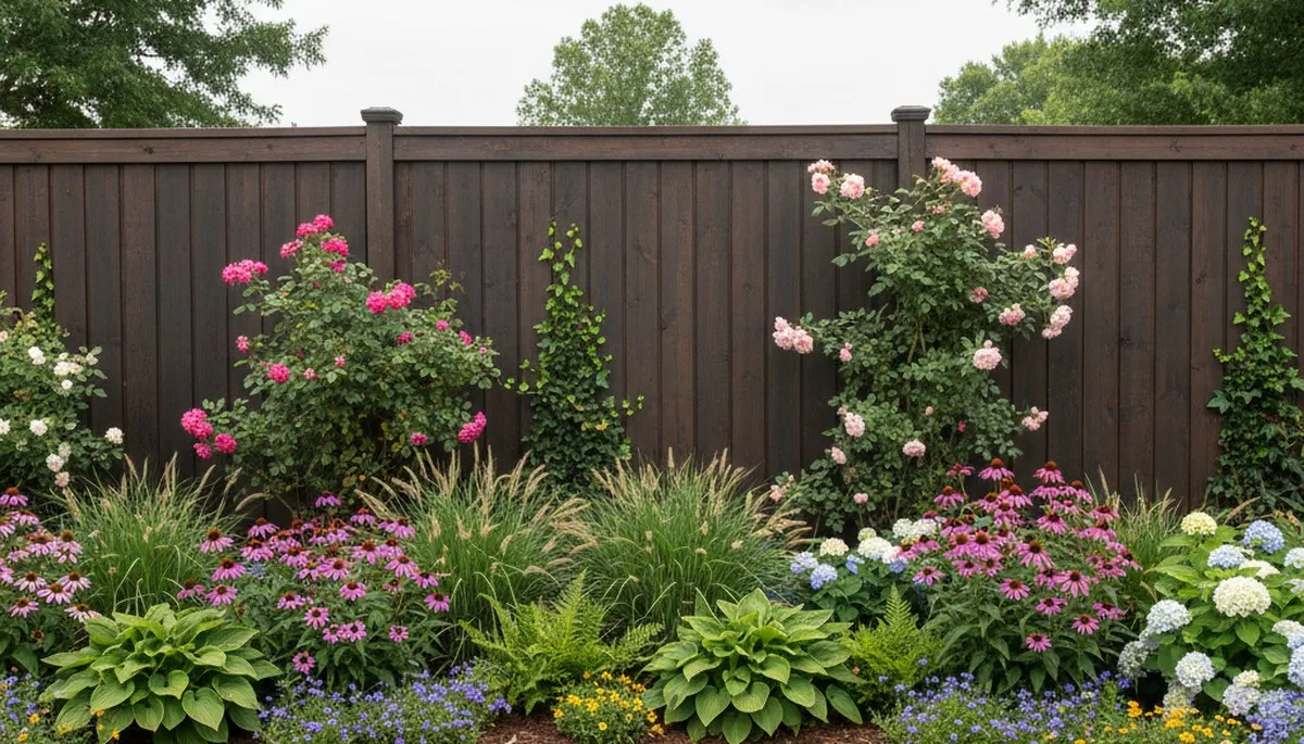 Wood fence with climbing plants and garden beds by Chop Chop Landscaping in Baton Rouge, Louisiana