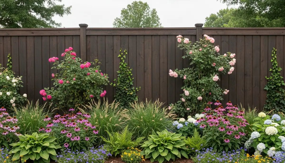 Wood fence with climbing plants and garden beds by Chop Chop Landscaping in Baton Rouge, Louisiana