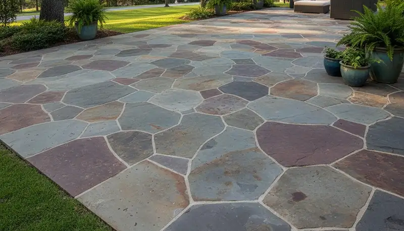 Flagstone patio with natural stone pavers expertly installed in Baton Rouge, LA by Chop Chop Landscaping
