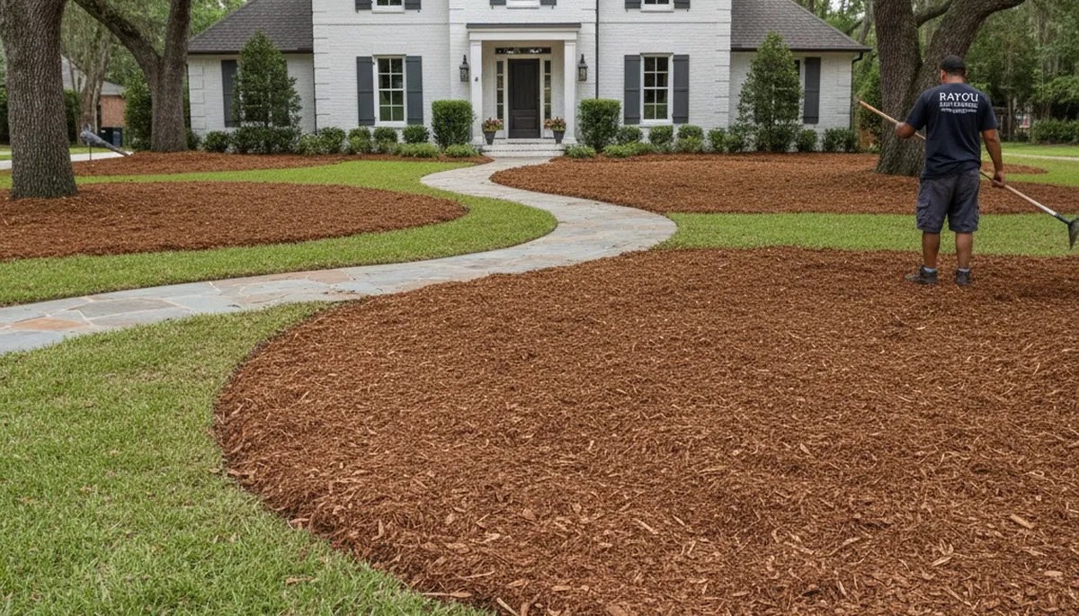 Freshly installed mulch beds in Baton Rouge, LA showcasing professional landscaping and clean edging