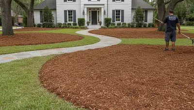Freshly installed mulch beds in Baton Rouge, LA showcasing professional landscaping and clean edging