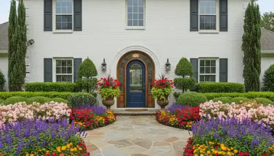 Front yard curb appeal landscaping with colorful flowers and shaped shrubs in Baton Rouge, LA