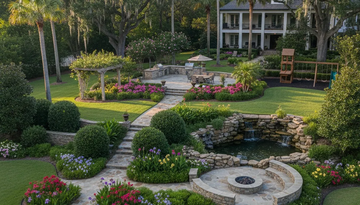 Full property landscape design with lawn, garden beds, and hardscaping in Baton Rouge, LA