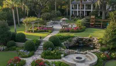 Full property landscape design with lawn, garden beds, and hardscaping in Baton Rouge, LA