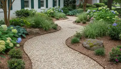 Pea gravel garden pathway with natural landscape design in Baton Rouge, LA by Chop Chop Landscaping