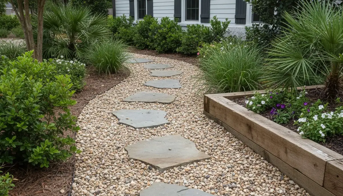 Mixed gravel and stepping stone pathway installation by Baton Rouge LA landscaping professionals