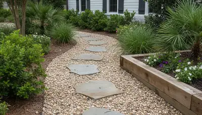 Mixed gravel and stepping stone pathway installation by Baton Rouge LA landscaping professionals