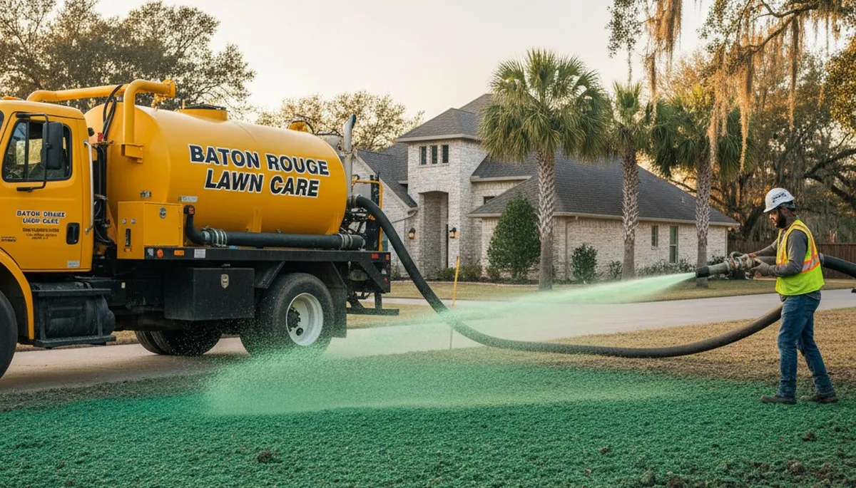 Hydroseeder truck spraying green slurry for new lawn installation in Baton Rouge, LA landscaping service