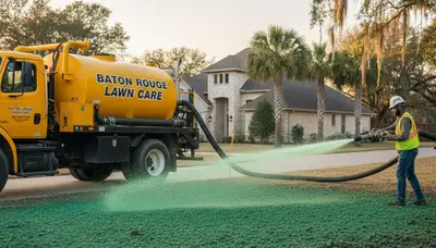 Hydroseeder truck spraying green slurry for new lawn installation in Baton Rouge, LA landscaping service