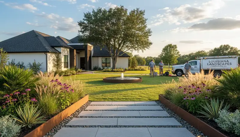 Landscaping crew in Baton Rouge, LA providing professional lawn care and yard maintenance services