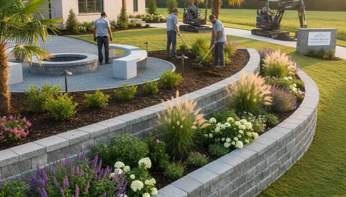Landscaping crew providing lawn care services in Baton Rouge, LA