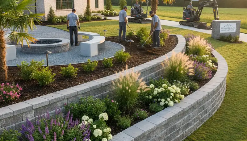 Landscaping crew providing lawn care services in Baton Rouge, LA