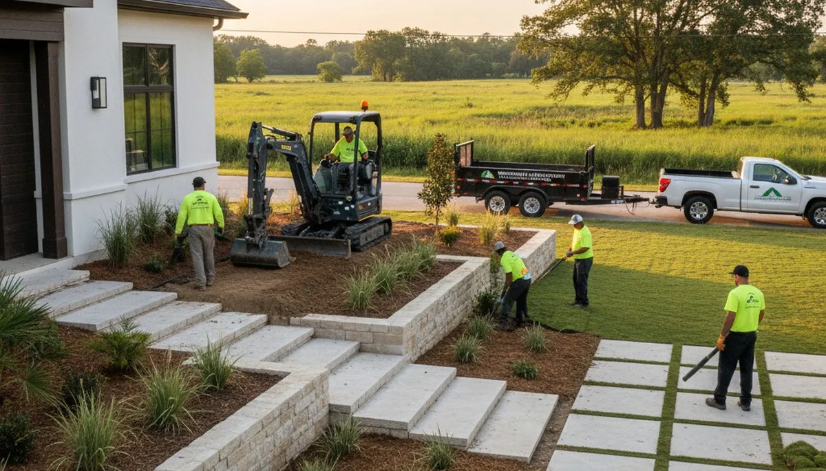Landscaping crew in Baton Rouge, LA providing professional lawn service and yard maintenance
