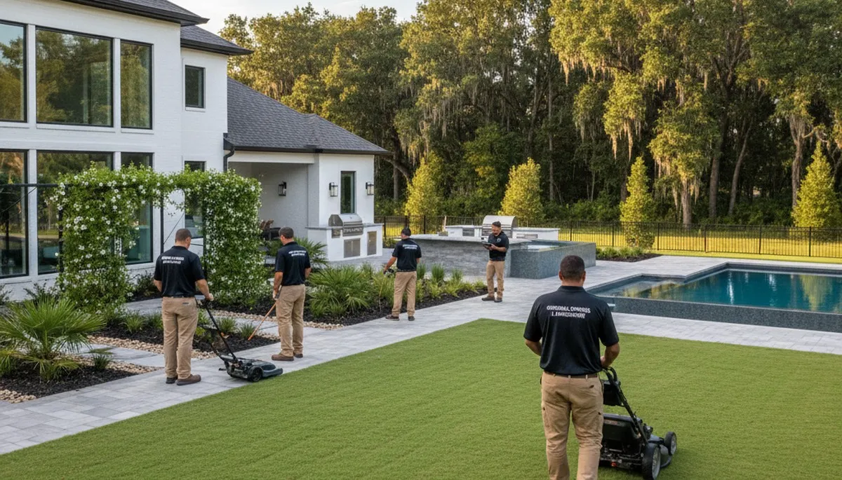 Landscape service team in Baton Rouge, LA maintaining a healthy, neatly trimmed lawn