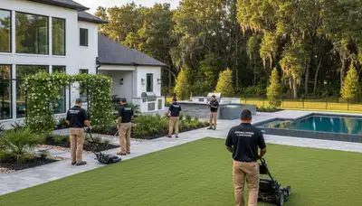 Landscape service team in Baton Rouge, LA maintaining a healthy, neatly trimmed lawn