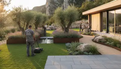 Baton Rouge, LA landscaping service crew maintaining a residential lawn and property