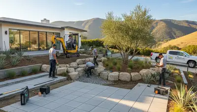 Landscape service team in Baton Rouge, LA maintaining a residential lawn