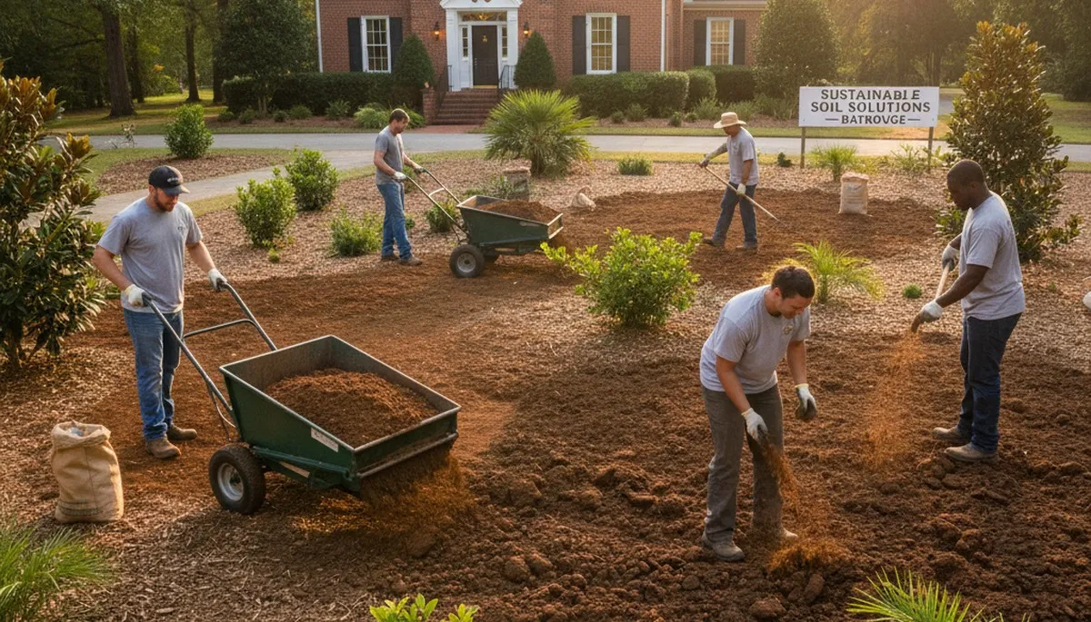 Organic soil amendment and compost application by Baton Rouge landscapers improving lawn health