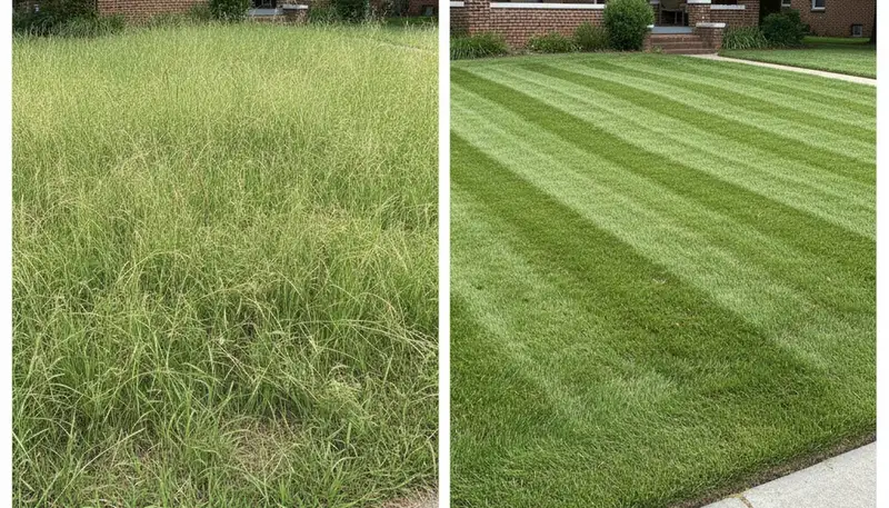 Before and after lawn mowing showing overgrown to manicured yard in Baton Rouge, LA by Chop Chop Landscaping