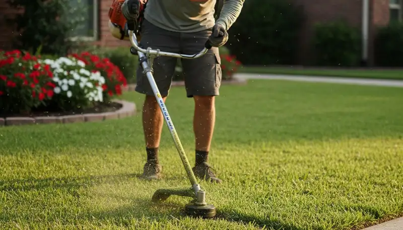Technician edging residential lawn with string trimmer in Baton Rouge, LA for professional lawn care