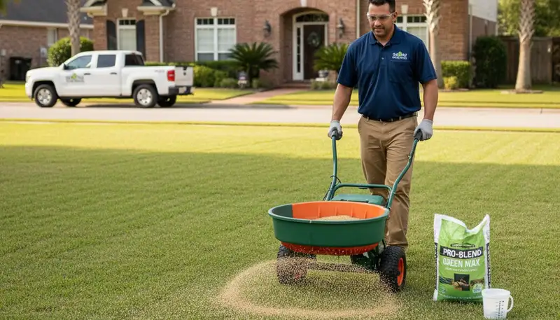 Lawn care technician applying fertilizer with broadcast spreader in Baton Rouge, LA yard