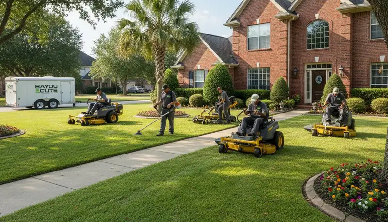 Professional landscaping crew mowing and edging a residential lawn in Baton Rouge, LA