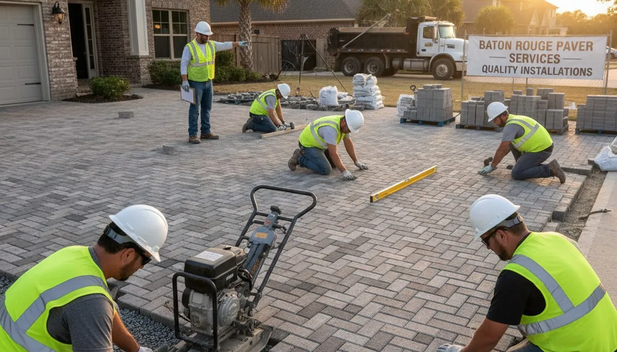 Crew installing driveway pavers in Baton Rouge, LA with precise base prep and leveling by Chop Chop Landscaping