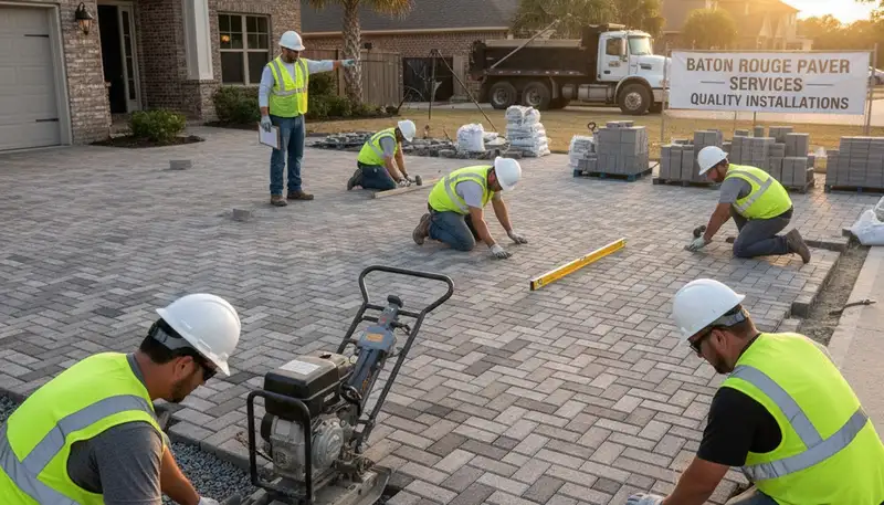 Crew installing driveway pavers in Baton Rouge, LA with precise base prep and leveling by Chop Chop Landscaping