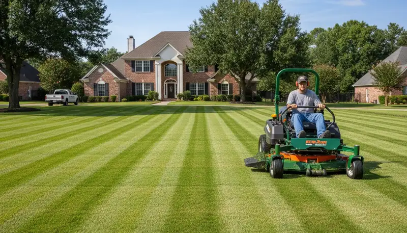 Professional lawn edging and striping in Baton Rouge, LA showcasing precise mowing and clean landscape borders