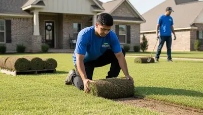 Professional landscaper installing sod with precise seam alignment in Baton Rouge, LA lawn project