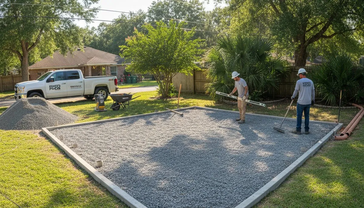 Level gravel shed foundation preparation by Chop Chop Landscaping in Baton Rouge, LA