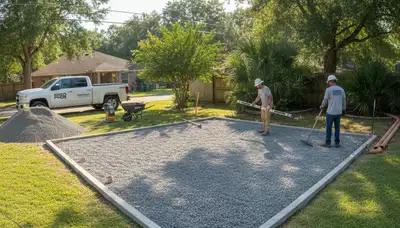 Level gravel shed foundation preparation by Chop Chop Landscaping in Baton Rouge, LA