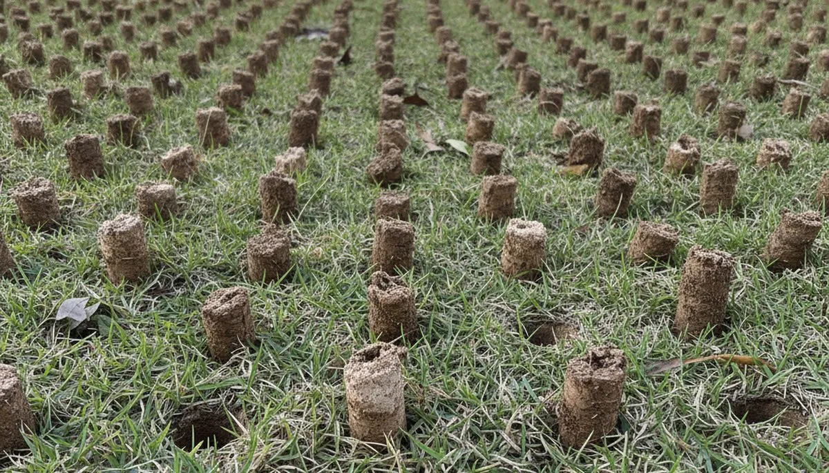 Close-up of lawn aeration core plugs showing soil depth and texture in Baton Rouge, LA lawn care service
