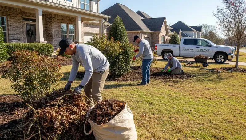 Landscapers performing spring yard clean up and garden bed prep in Baton Rouge, LA