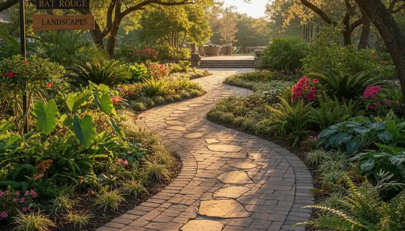 Stone paver pathway through Baton Rouge landscape with natural stones by Chop Chop Landscaping
