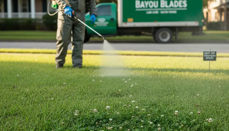 Lawn care technician applying targeted weed control treatment in Baton Rouge, LA